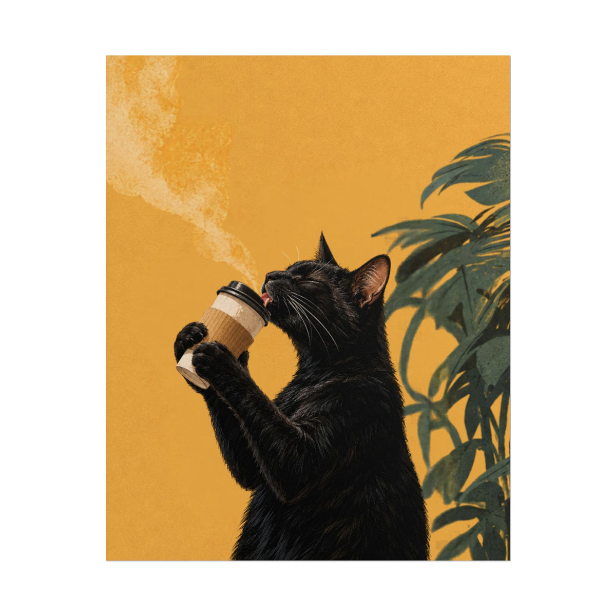 Black Cat Drinking Coffee Poster