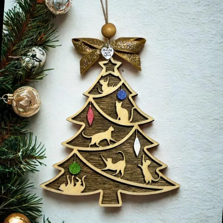 Laser Cut Wooden Cat Christmas Ornament: Tree Silhouette