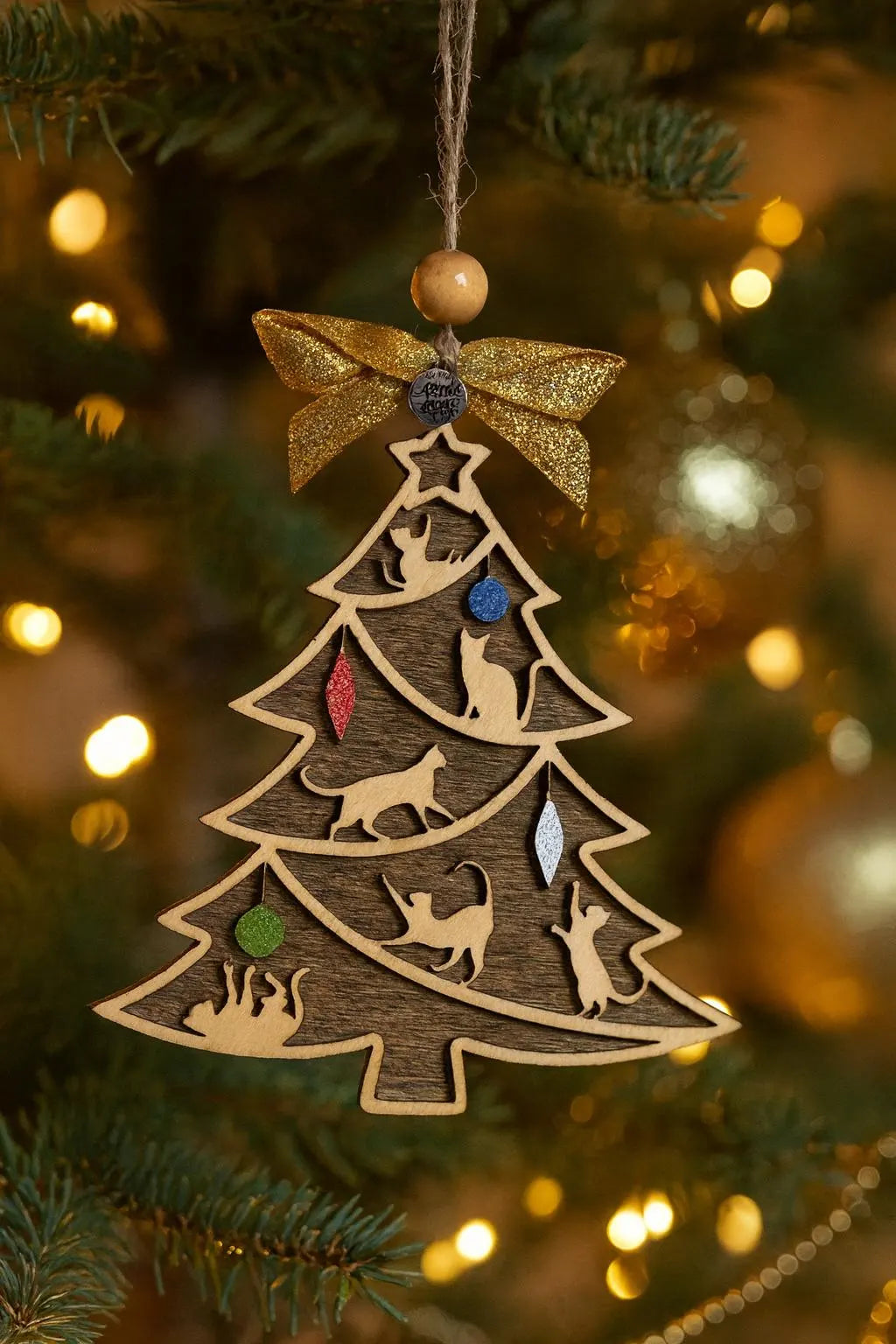 Laser Cut Wooden Cat Christmas Ornament: Tree Silhouette