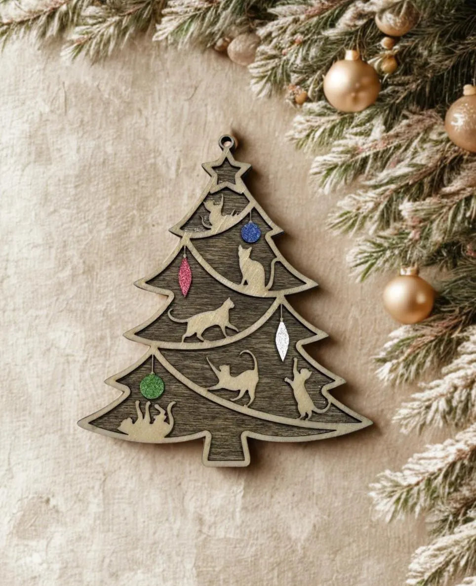Laser Cut Wooden Cat Christmas Ornament: Tree Silhouette