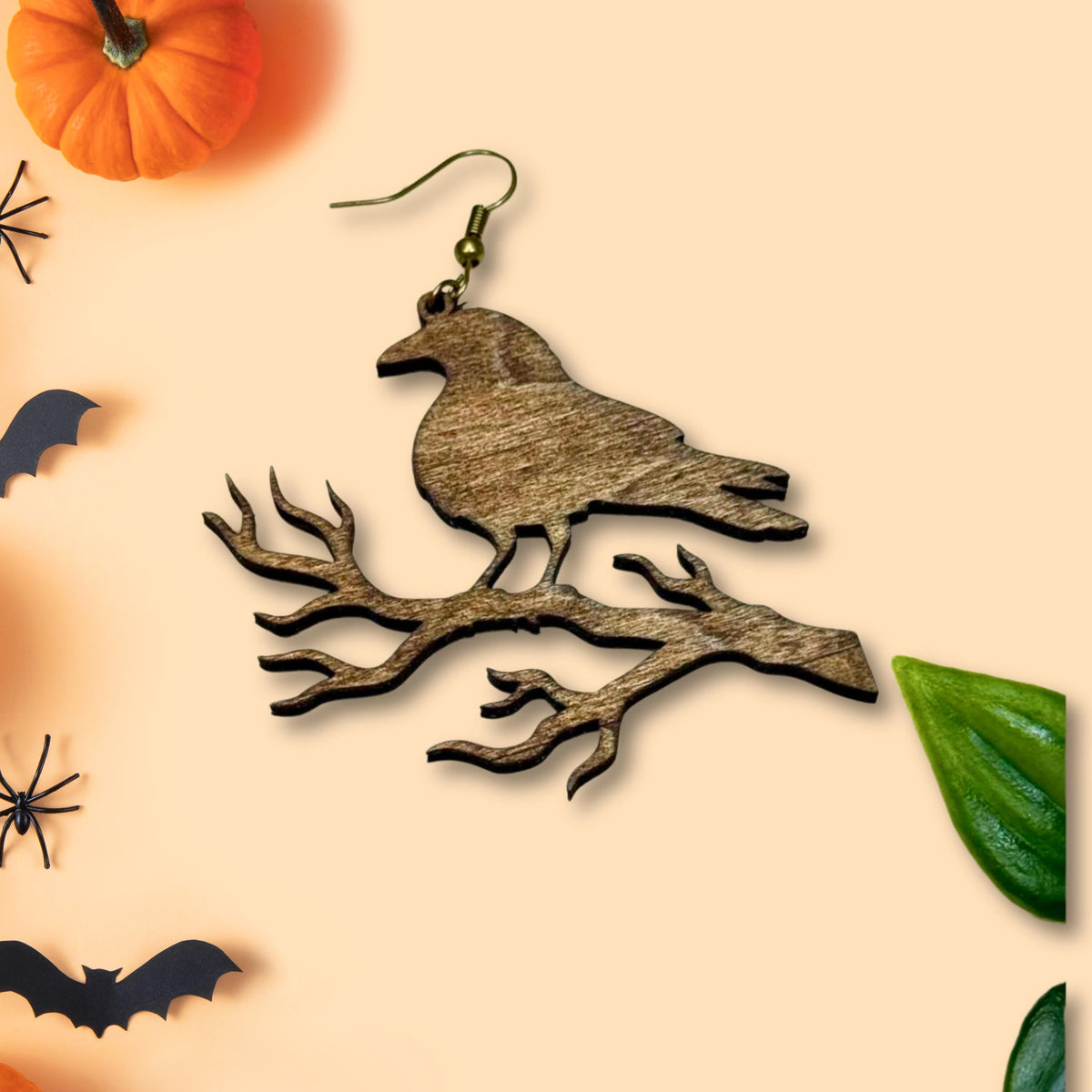Wooden Gothic Raven Halloween Earrings