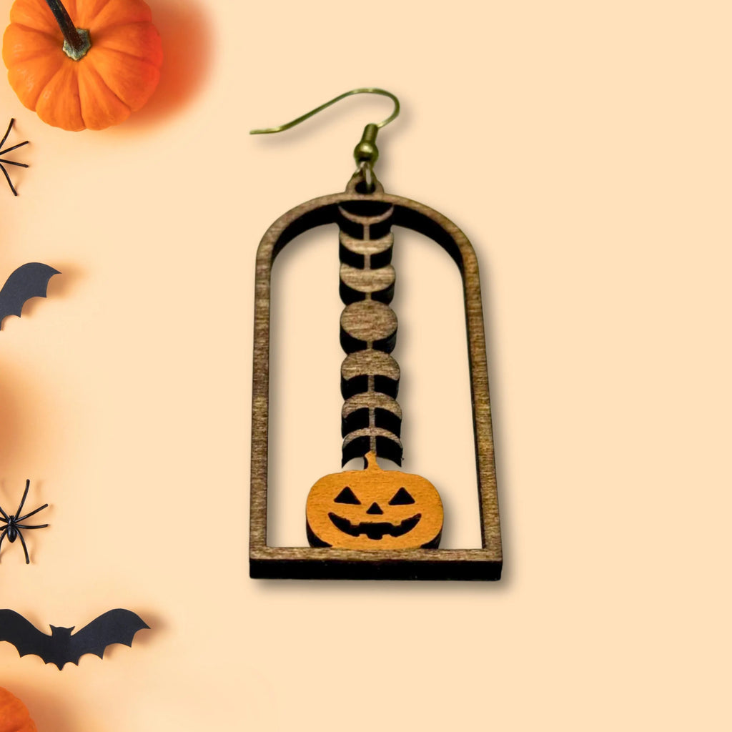 Wooden Halloween Pumpkin Earrings