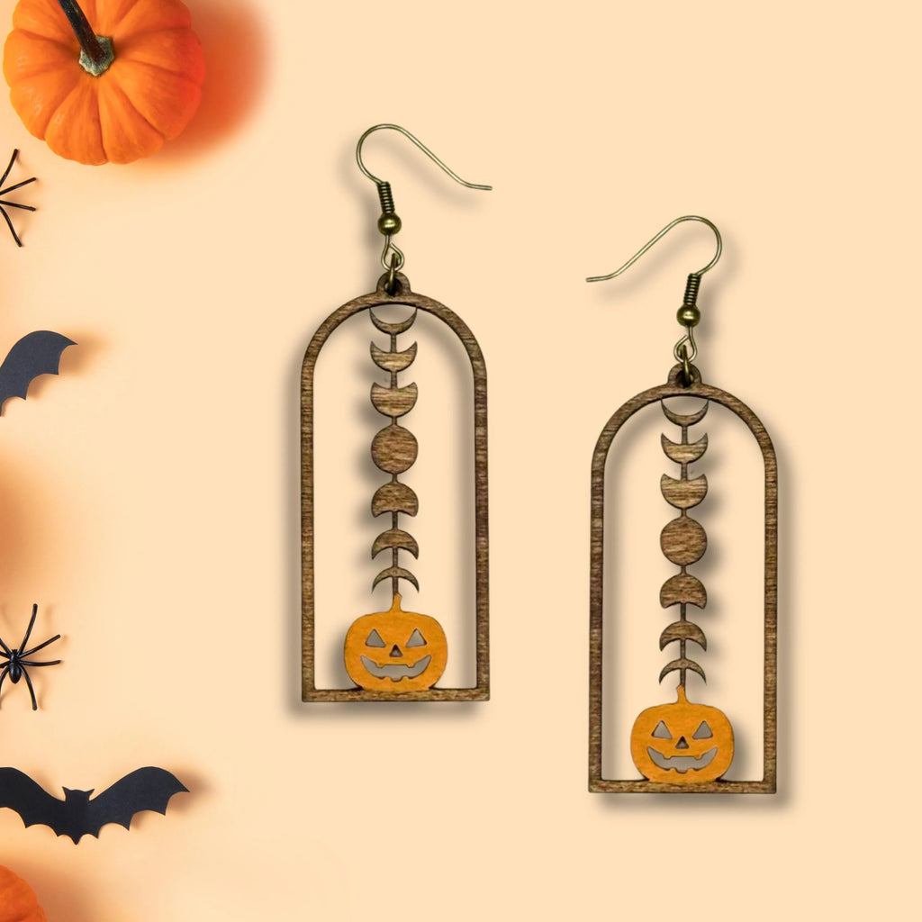 Wooden Halloween Pumpkin Earrings
