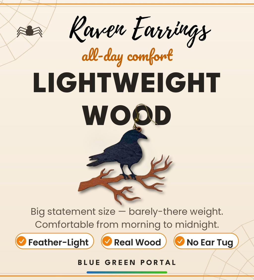 Wooden Gothic Raven Halloween Earrings