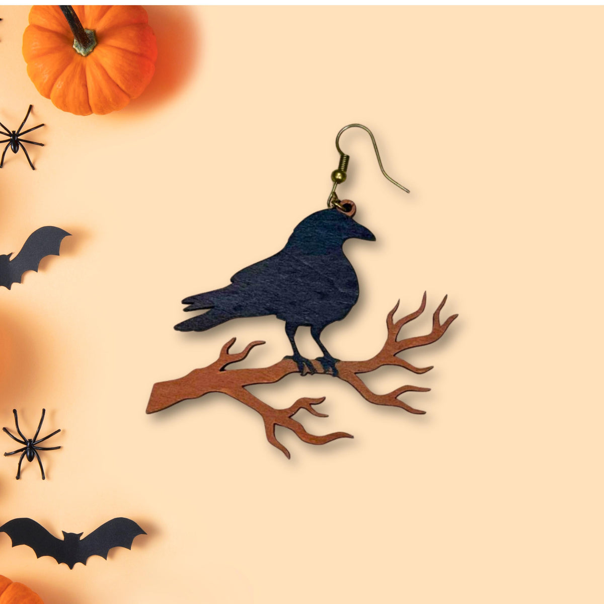 Wooden Gothic Raven Halloween Earrings