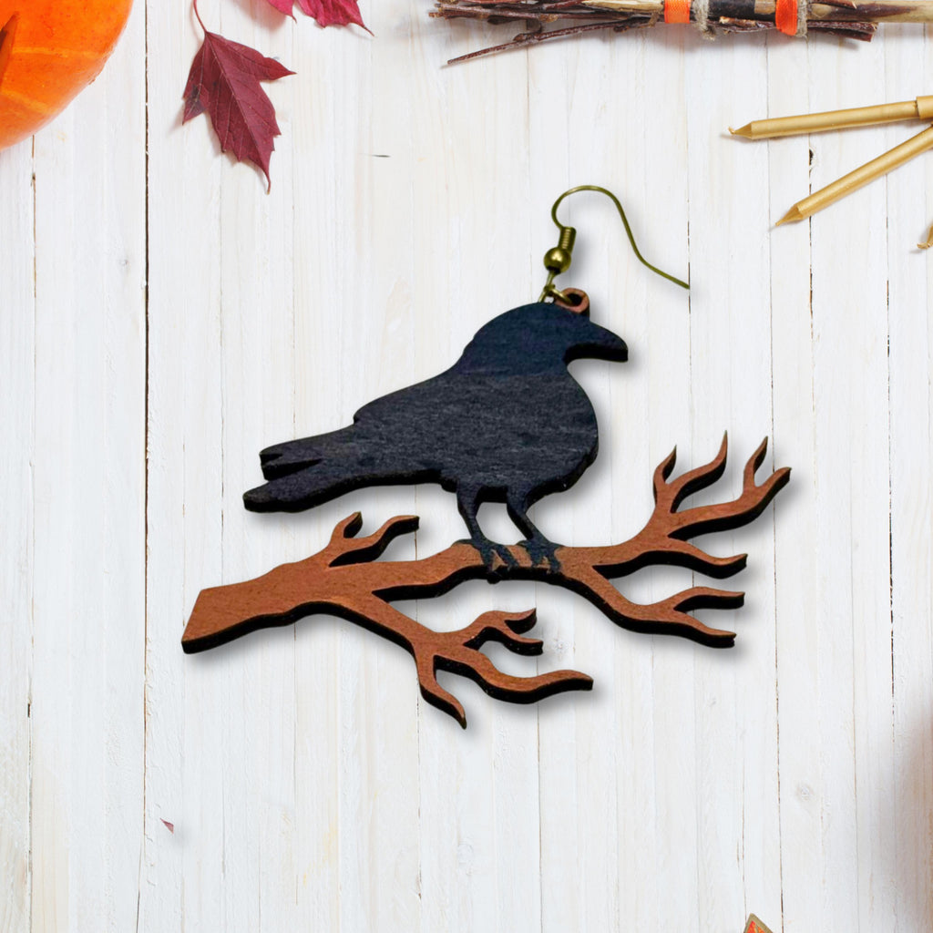 Wooden Gothic Raven Halloween Earrings