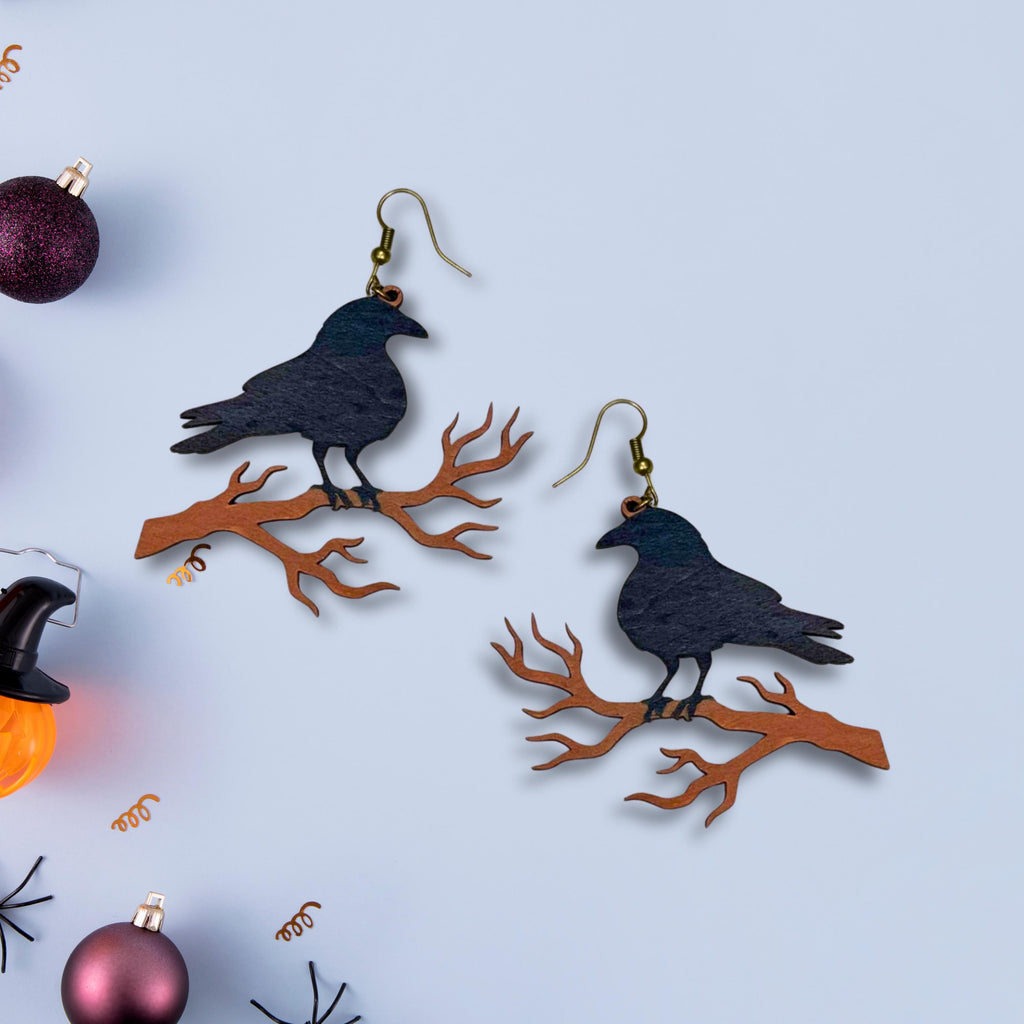 Wooden Gothic Raven Halloween Earrings