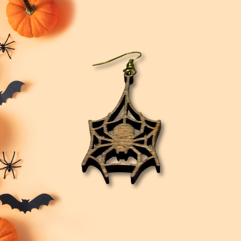 Wooden Halloween Spider Web Earrings