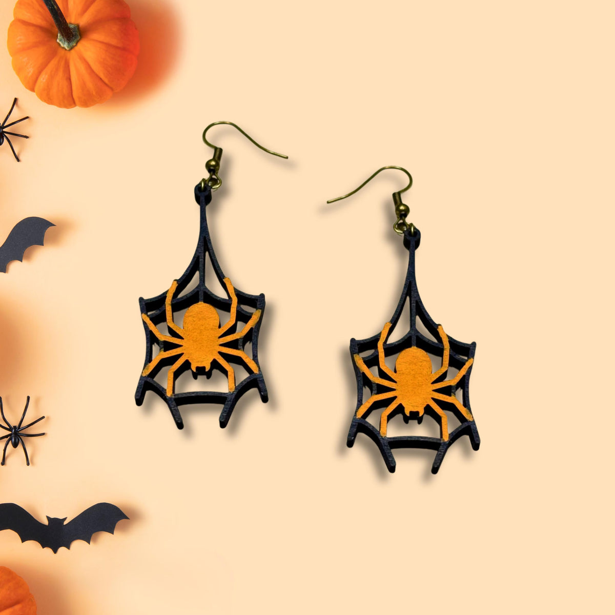 Wooden Halloween Spider Web Earrings
