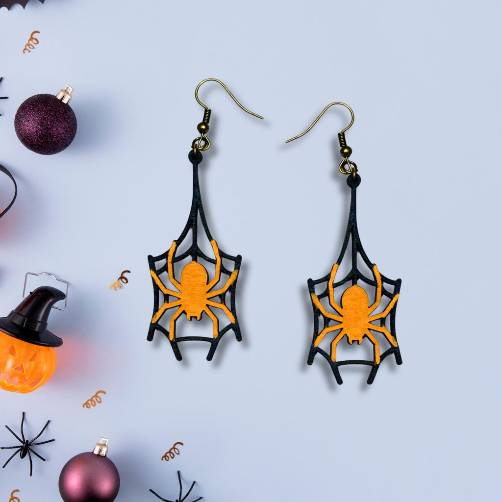Wooden Halloween Spider Web Earrings