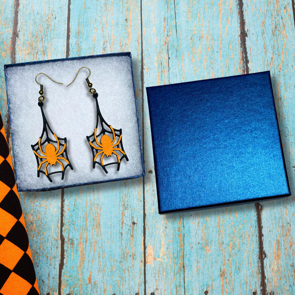 Wooden Halloween Spider Web Earrings