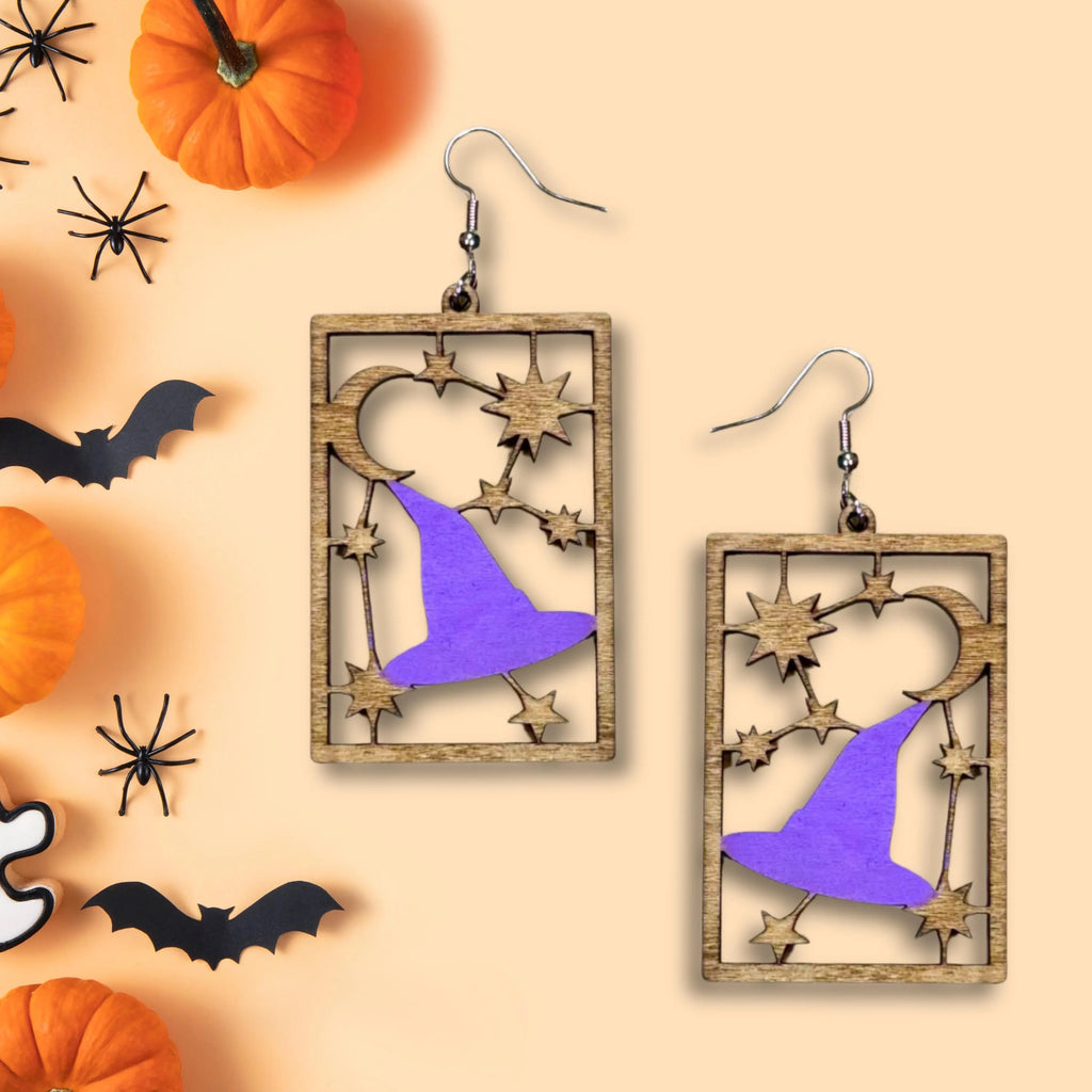 Witch Hat Wooden Halloween Earrings