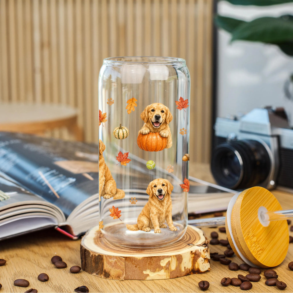 Golden Retriever Fall Glass Can Tumbler