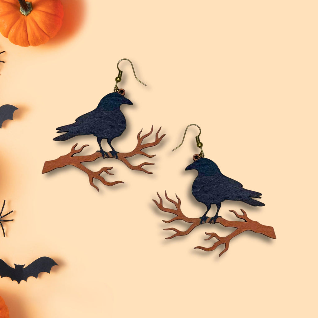 Wooden Gothic Raven Halloween Earrings