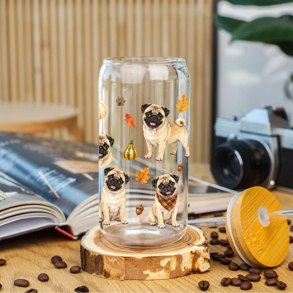 Pug Fall Glass Can Tumbler