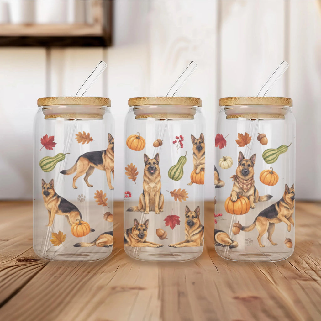 German Shepherd Fall Glass Can Tumbler