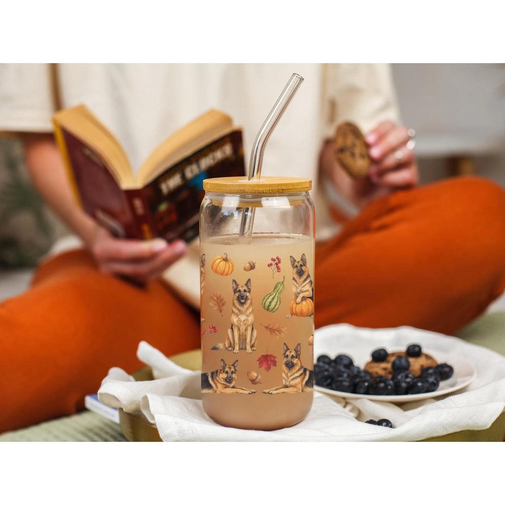 German Shepherd Fall Glass Can Tumbler