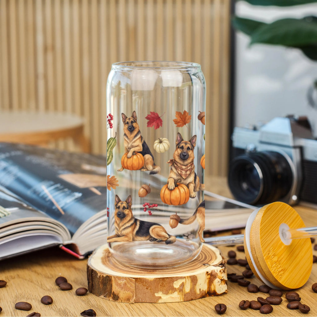 German Shepherd Fall Glass Can Tumbler