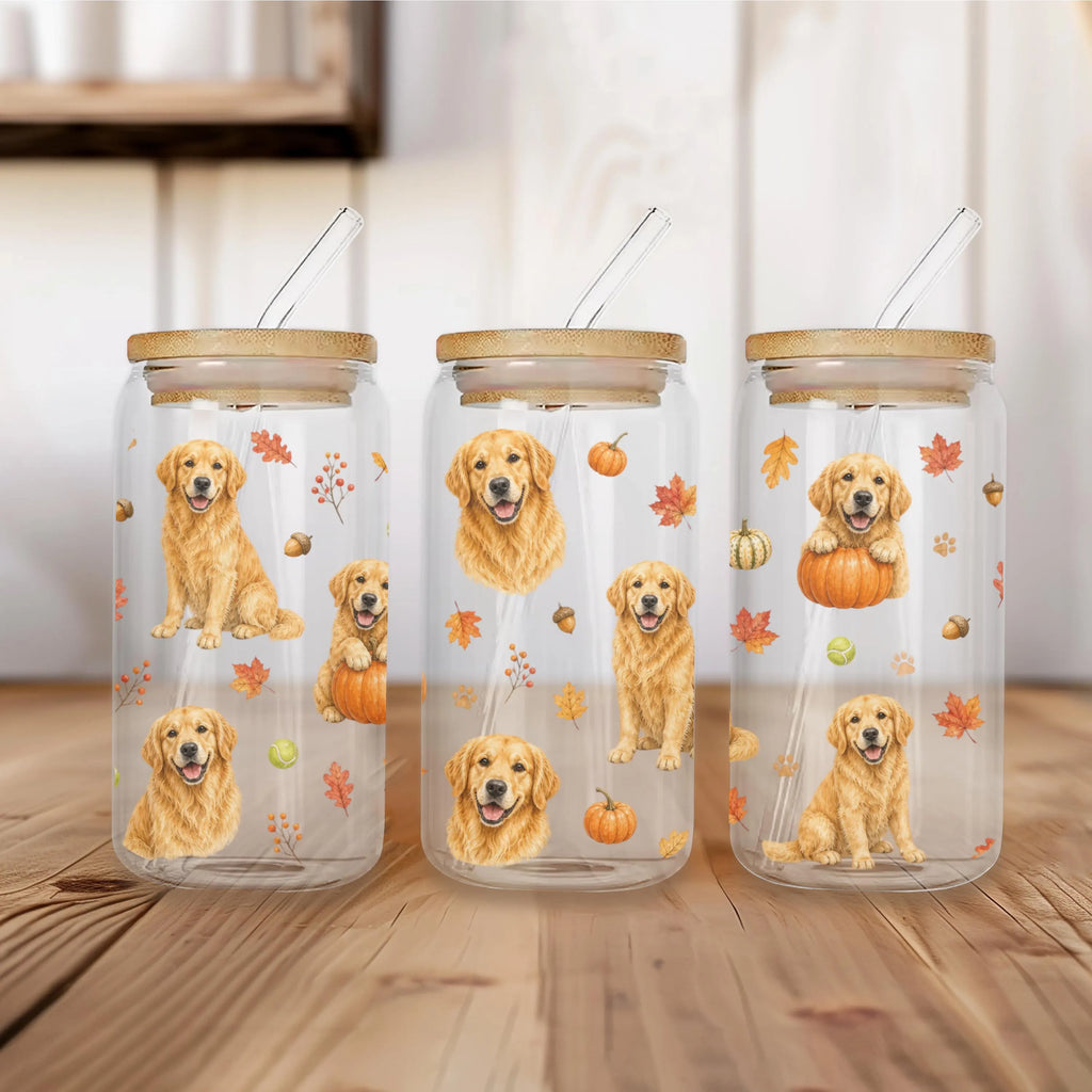 Golden Retriever Fall Glass Can Tumbler