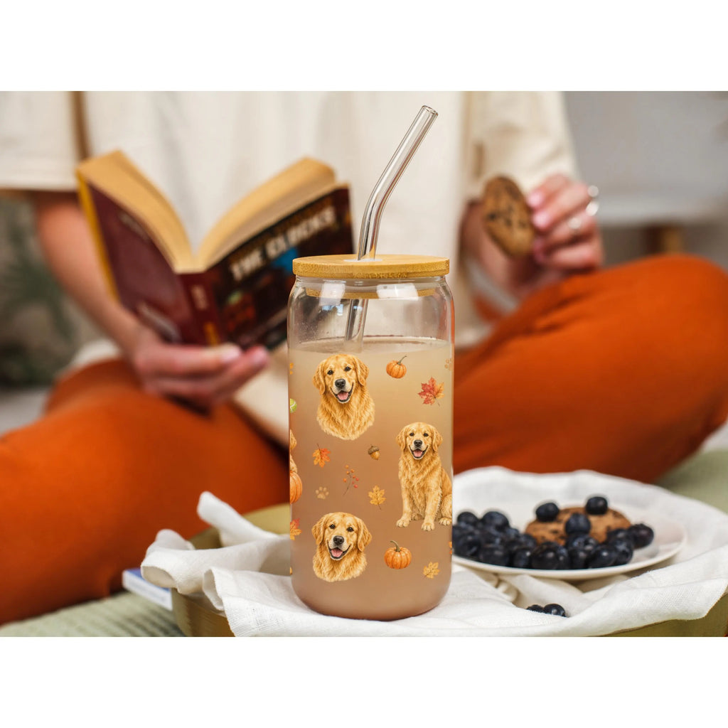 Golden Retriever Fall Glass Can Tumbler