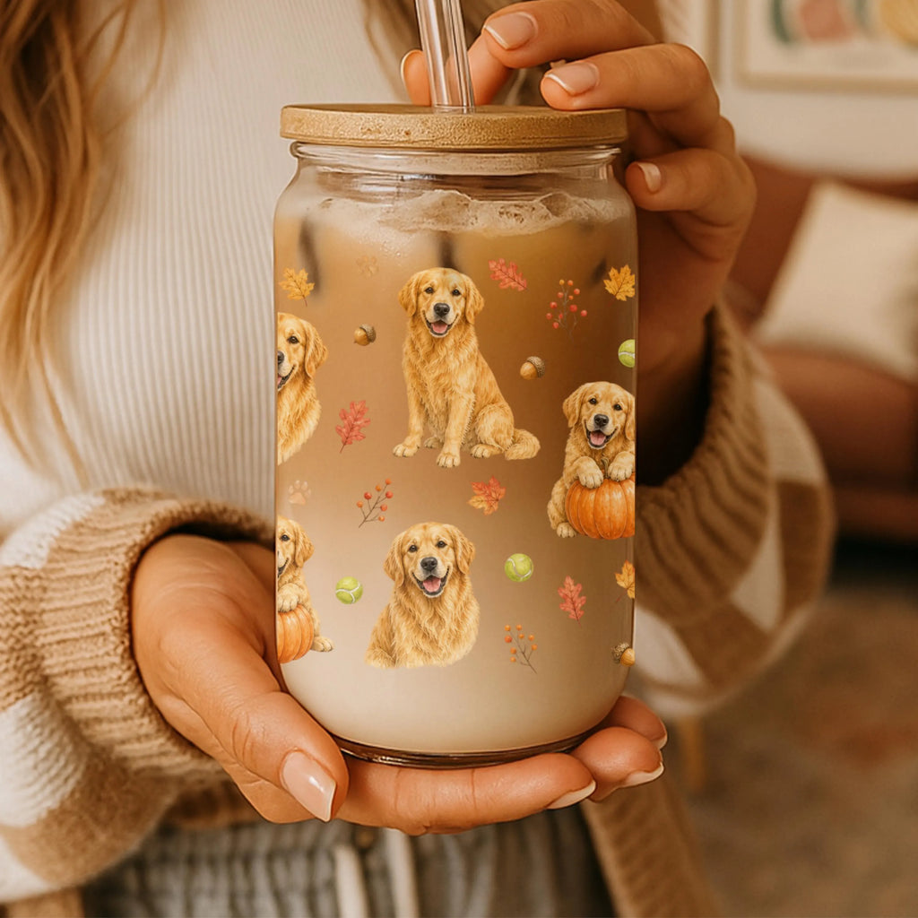 Golden Retriever Fall Glass Can Tumbler