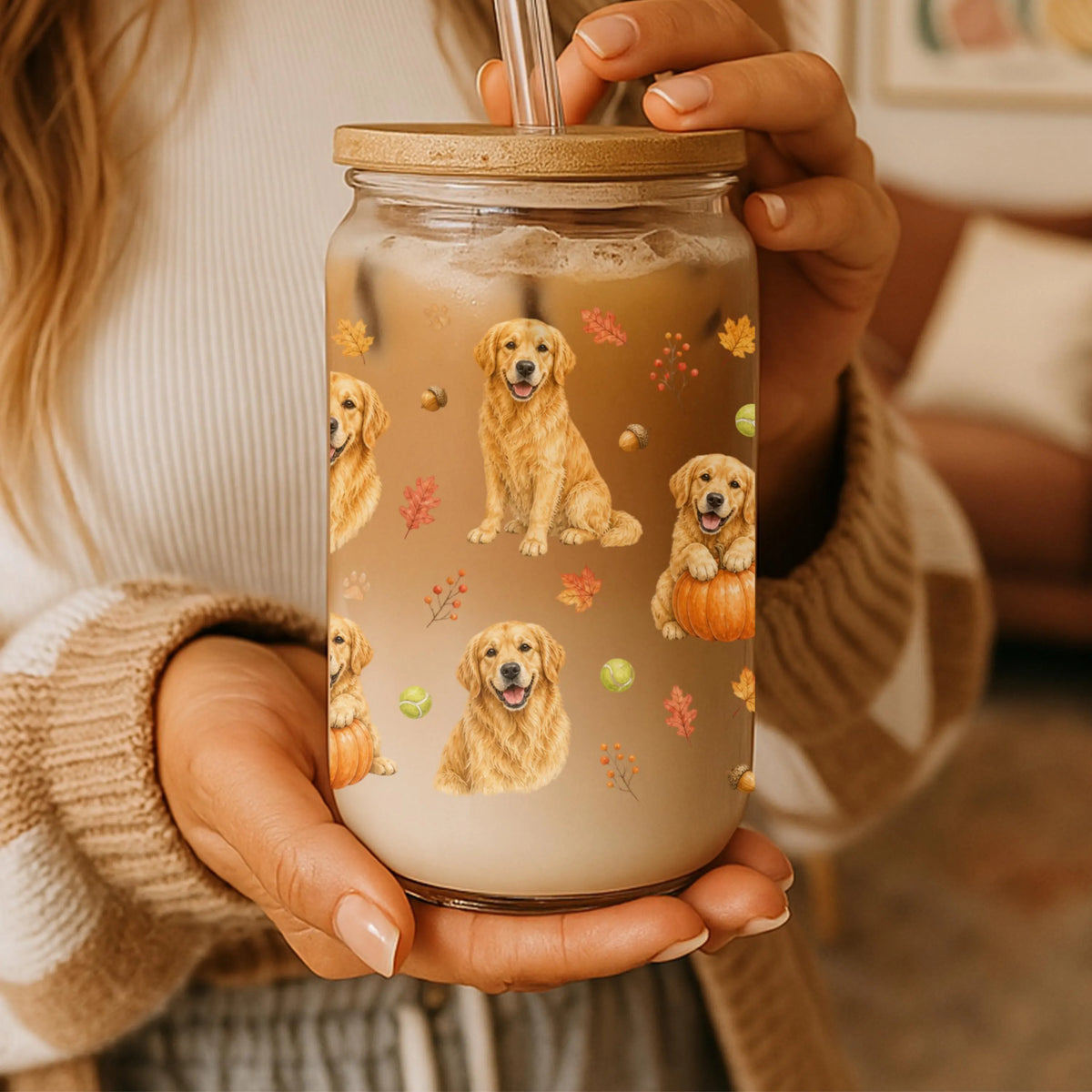 Golden Retriever Fall Glass Can Tumbler