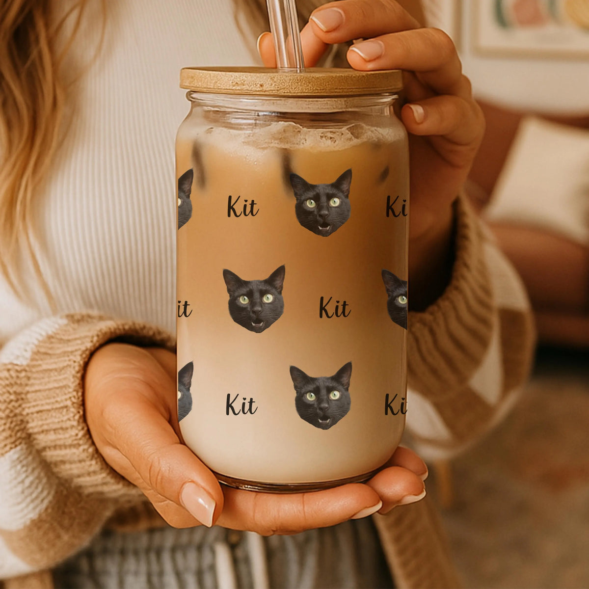 Custom Cat Photo and Name Glass Tumbler