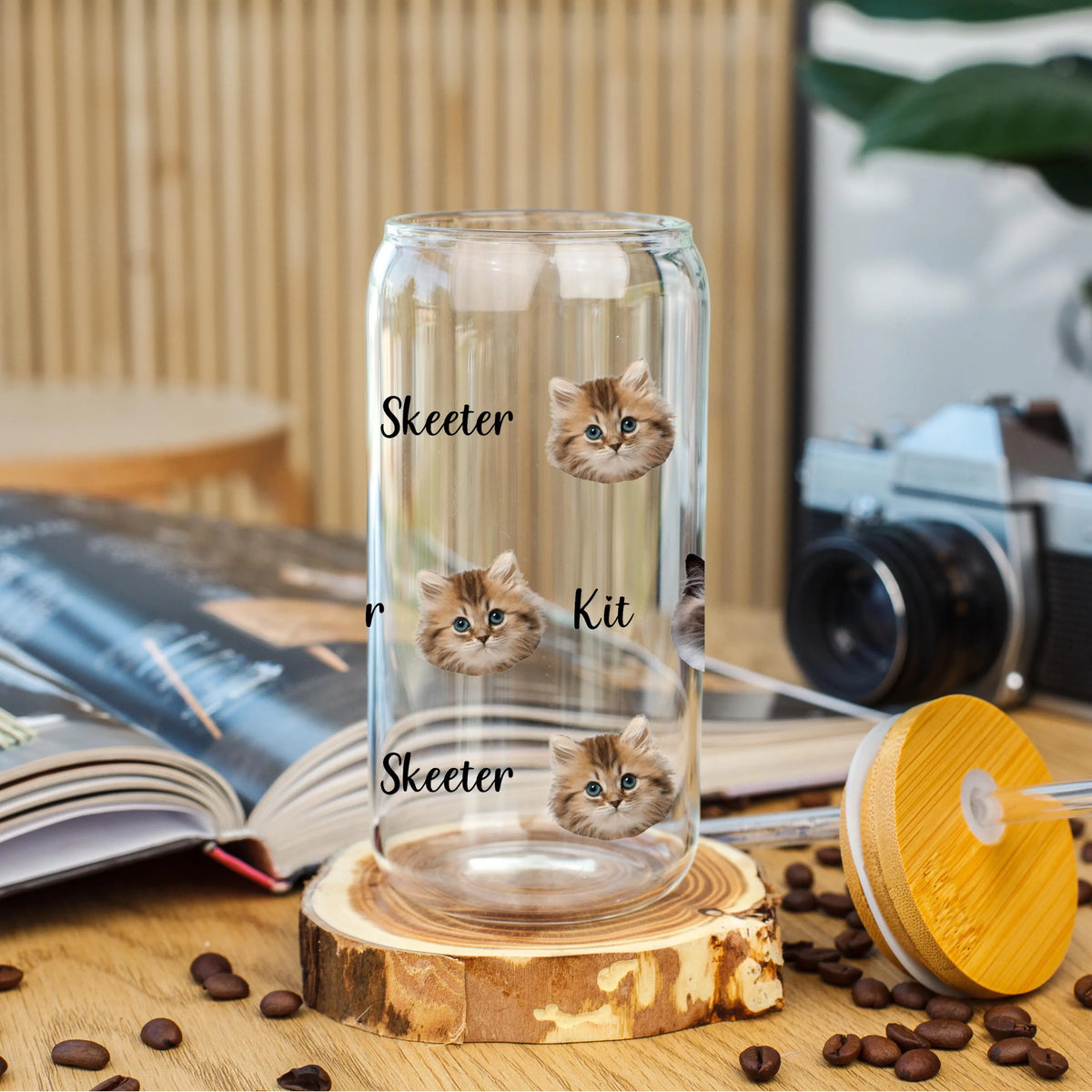 Custom Cat Photo and Name Glass Tumbler