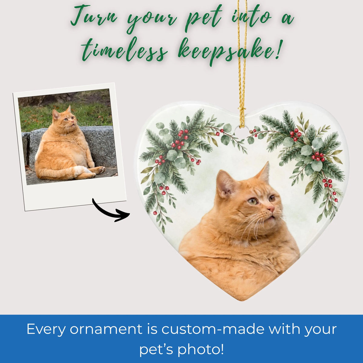 Custom Pet Holiday Heart Photo Ornament