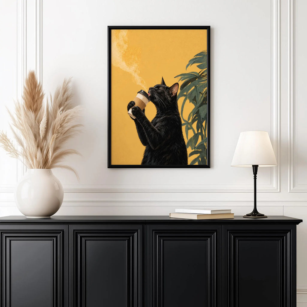 Black Cat Drinking Coffee Poster