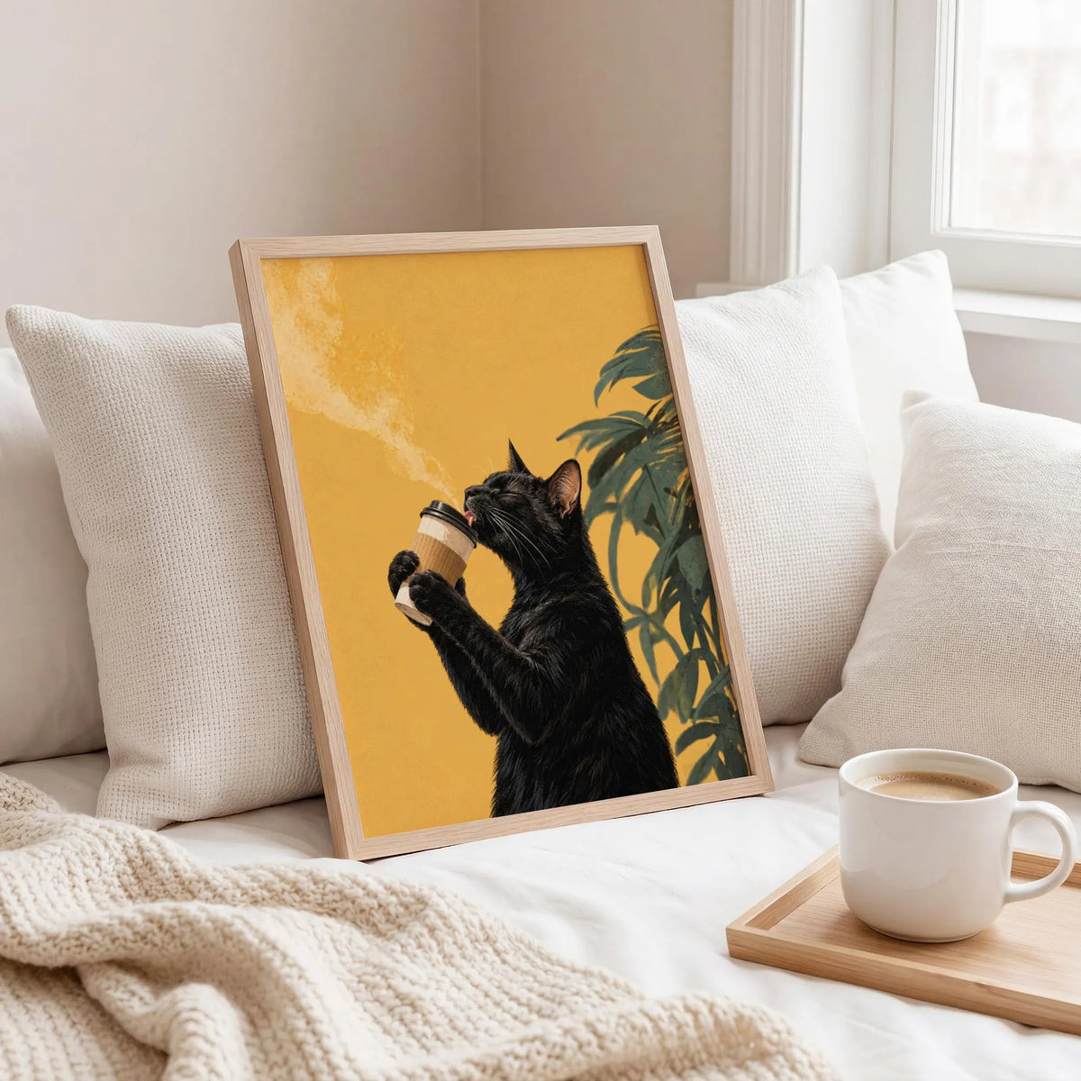 Black Cat Drinking Coffee Poster