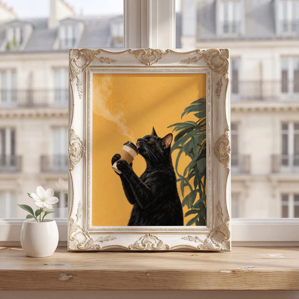 Black Cat Drinking Coffee Poster
