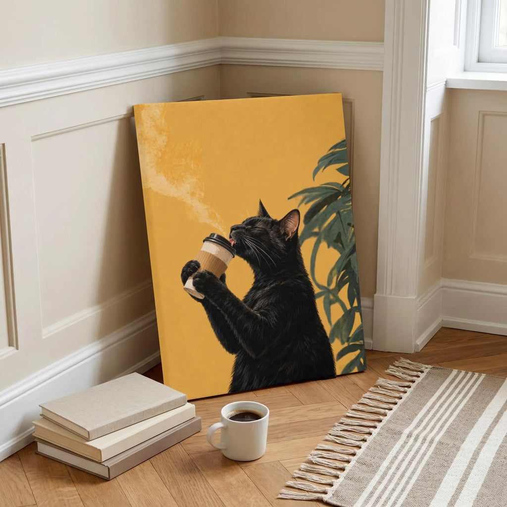 Black Cat Drinking Coffee Poster