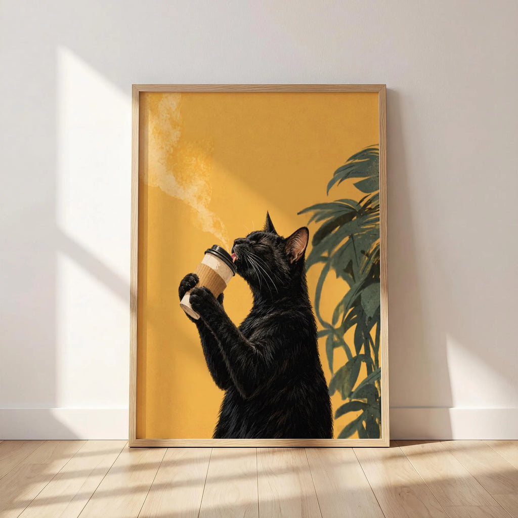 Black Cat Drinking Coffee Poster