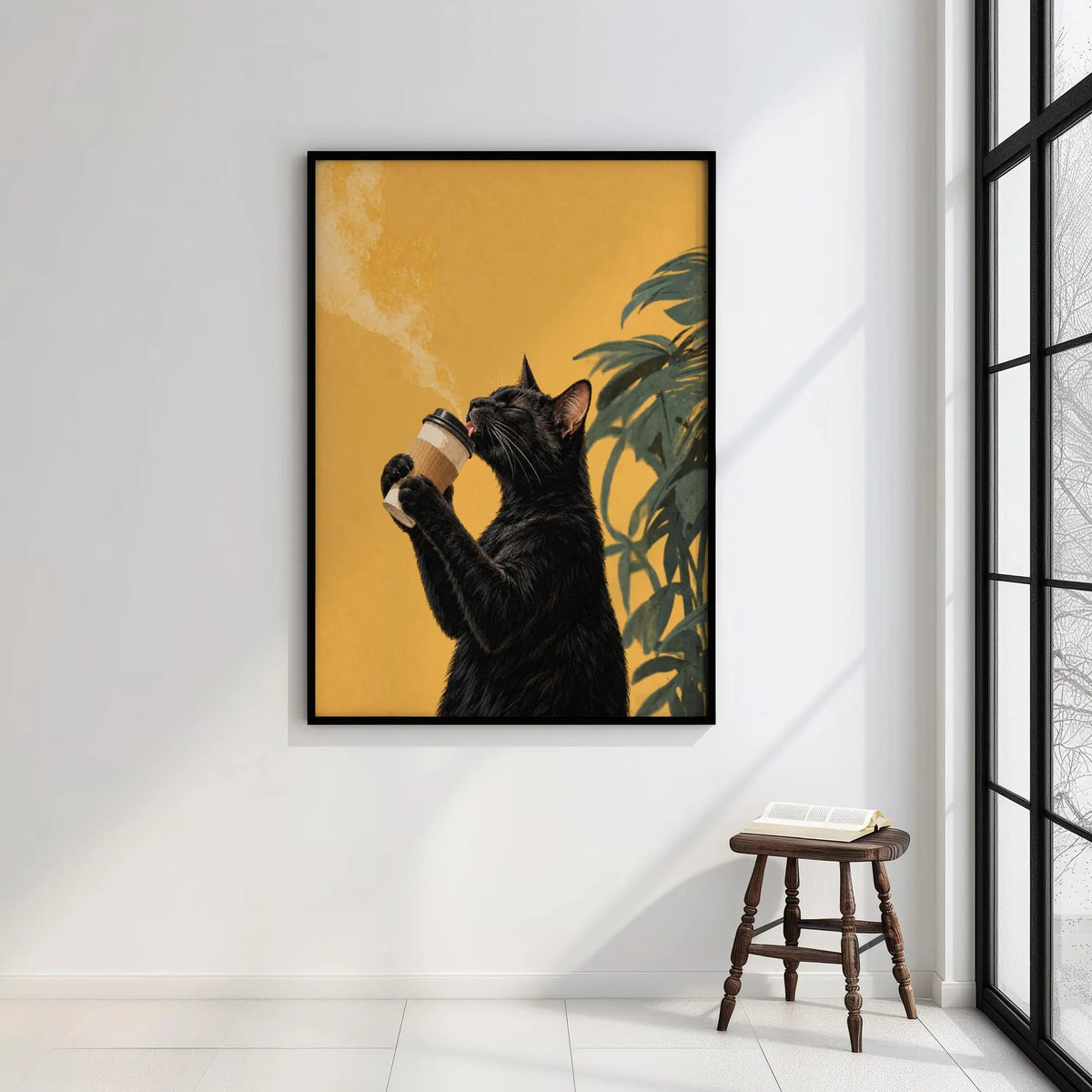 Black Cat Drinking Coffee Poster