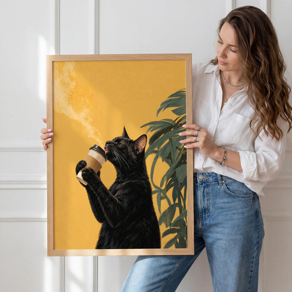 Black Cat Drinking Coffee Poster