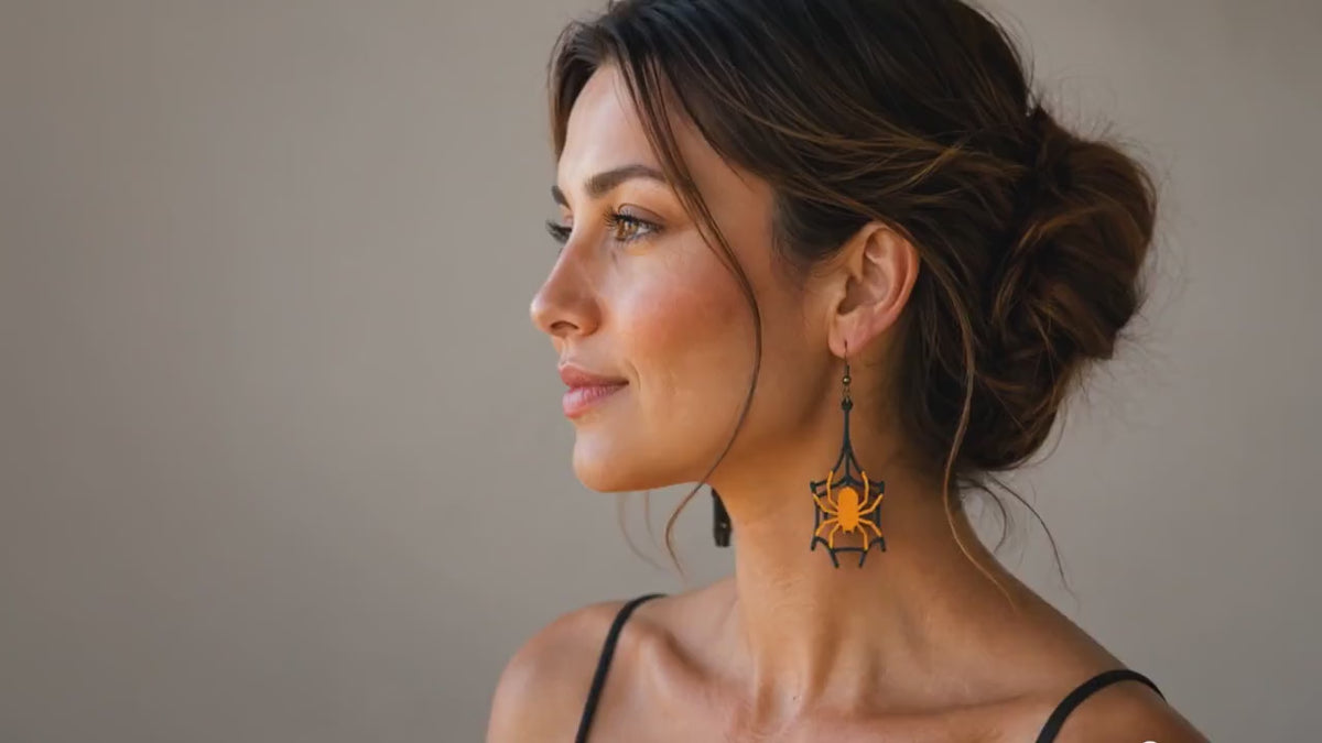 Wooden Halloween Spider Web Earrings