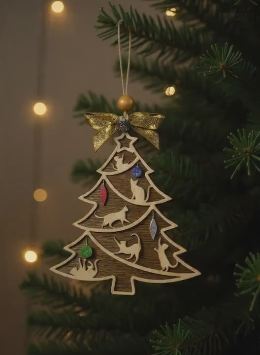 Laser Cut Wooden Cat Christmas Ornament: Tree Silhouette