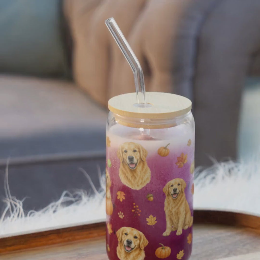 Golden Retriever Fall Glass Can Tumbler